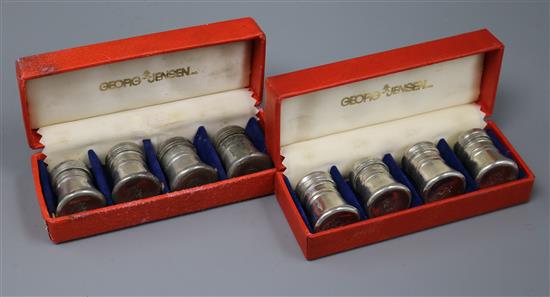 Two cased boxes of four Georg Jensen pewter condiments